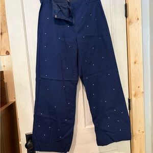 Navy Wide Leg chinos with Silver Rhinstone Accents
